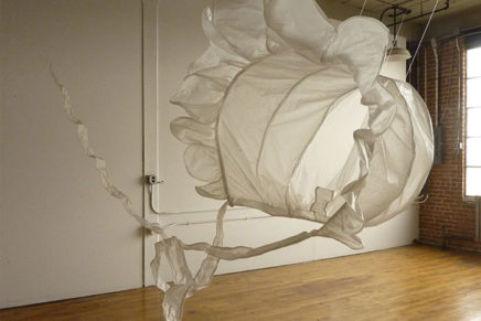 Kate Hamilton’s gigantic bonnet and bow-tied blouse on view at Carrie Haddad Gallery in Hudson