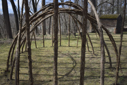 Native American wigwam under construction on Huguenot St. in New Paltz