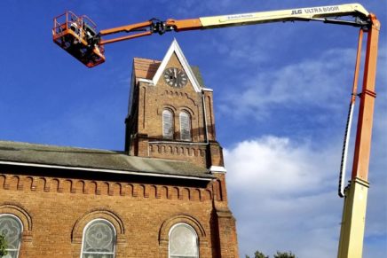 Fred Riley is fixing the crumbling roof at the First United Methodist Church of Highland